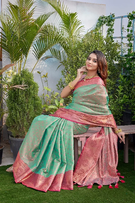 Women Party Wear Weaving Work Zarna Silk Saree With Un Stitched Blouse High Neck Blouse