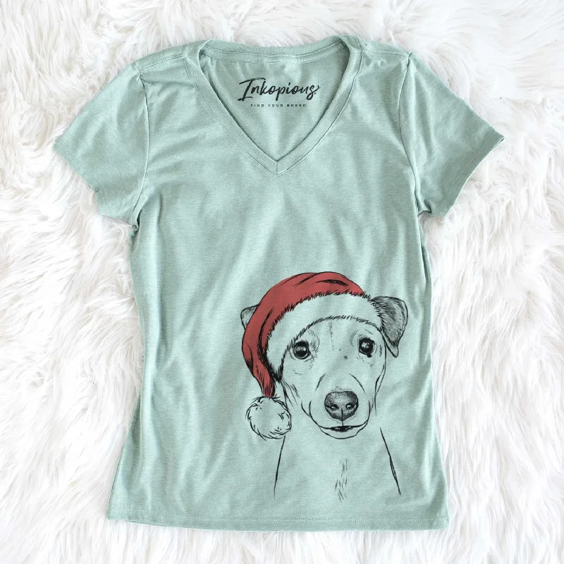 Santa Ally the Jack Russell Terrier - Women's V-neck Shirt-- Solid Print Embellished Santa Ally the Jack Russell Terrier - Women's V-neck Shirt-- Solid Print Embellished