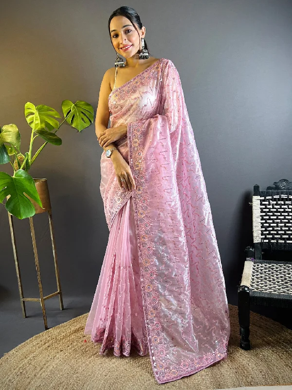 Women's Tissue Pink Embellished Designer Saree With Blouse Piece Stretchy Fitted Blouse Women's Tissue Pink Embellished Designer Saree With Blouse Piece Stretchy Fitted Blouse
