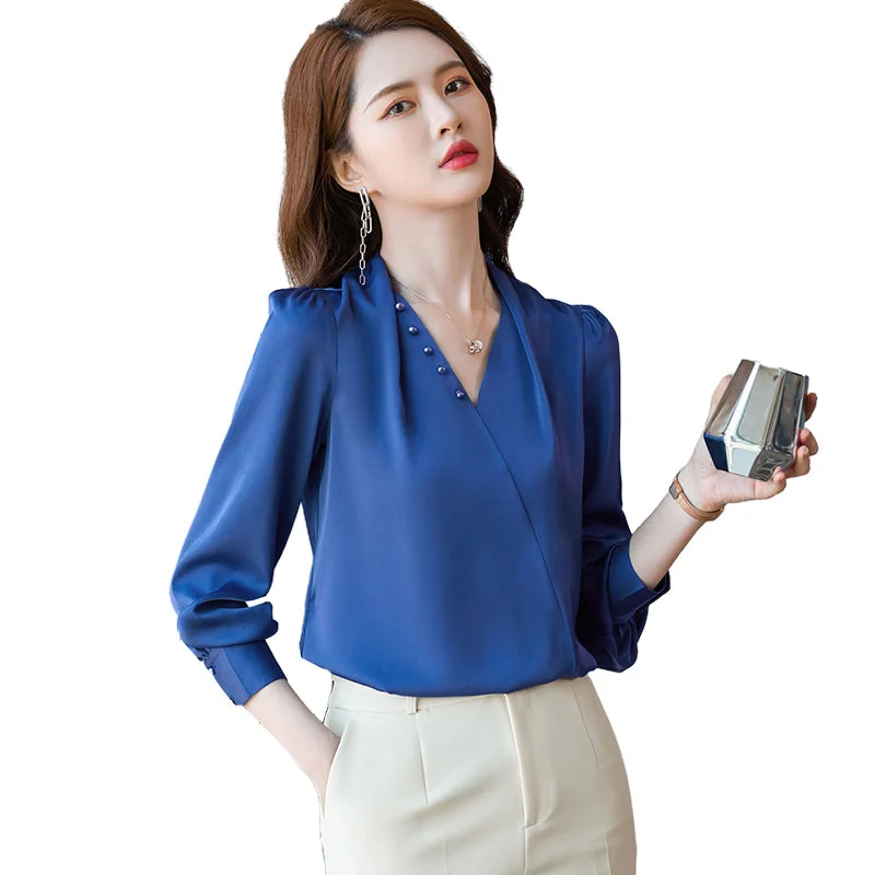 Wholesale Dropship OEM Fashion elegant V-neck Blouse with Beading Work Wear Office Lady Female Tops Chemise Loose style Modern Work Blouse Wholesale Dropship OEM Fashion elegant V-neck Blouse with Beading Work Wear Office Lady Female Tops Chemise Loose style Modern Work Blouse