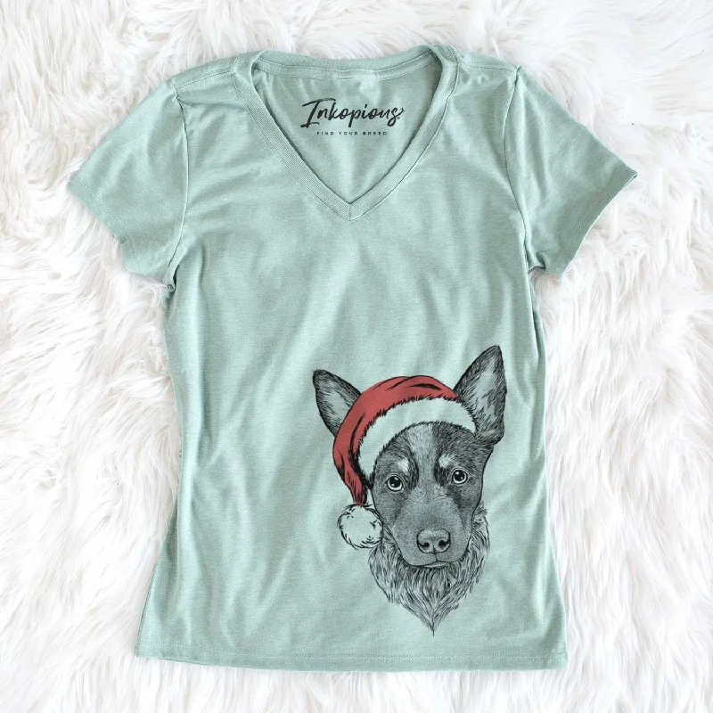 Santa Bella the Blue Heeler Puppy - Women's V-neck Shirt-- Solid Print Embellished