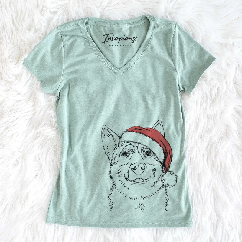 Santa Austin the Heeler - Women's V-neck Shirt-- Mesh Blend Leather Blend Suede Blend Santa Austin the Heeler - Women's V-neck Shirt-- Mesh Blend Leather Blend Suede Blend