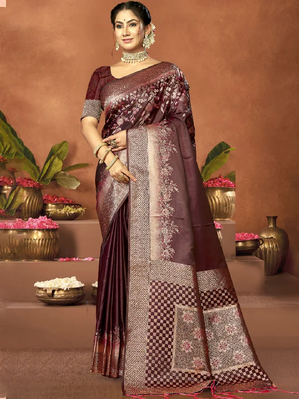 Women Brown Satin Silk Saree With Un Stitched Blouse Asymmetric Hem Blouse