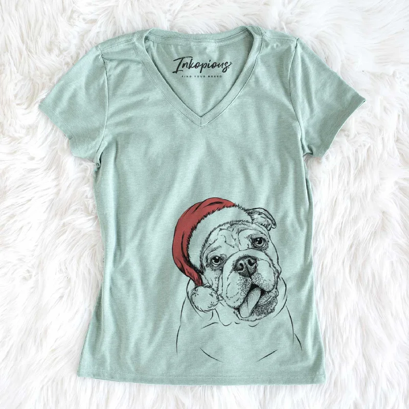 Santa Benson the English Bulldog - Women's V-neck Shirt-- Cotton Fabric Linen Fabric Terry Fabric Santa Benson the English Bulldog - Women's V-neck Shirt-- Cotton Fabric Linen Fabric Terry Fabric