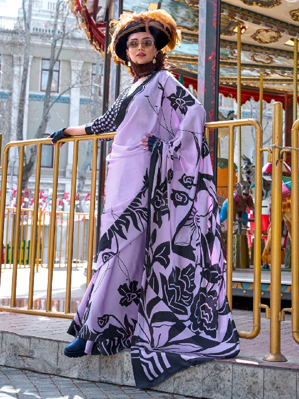 Women's Crepe Lavender Printed Designer Saree With Blouse Piece Elegant Office Blouse Women's Crepe Lavender Printed Designer Saree With Blouse Piece Elegant Office Blouse