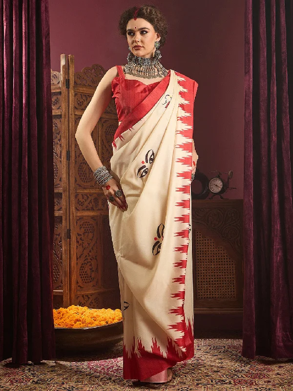 Women's Silk Blend Off White Printed Celebrity Saree With Blouse Piece Smart Casual Blouse Women's Silk Blend Off White Printed Celebrity Saree With Blouse Piece Smart Casual Blouse