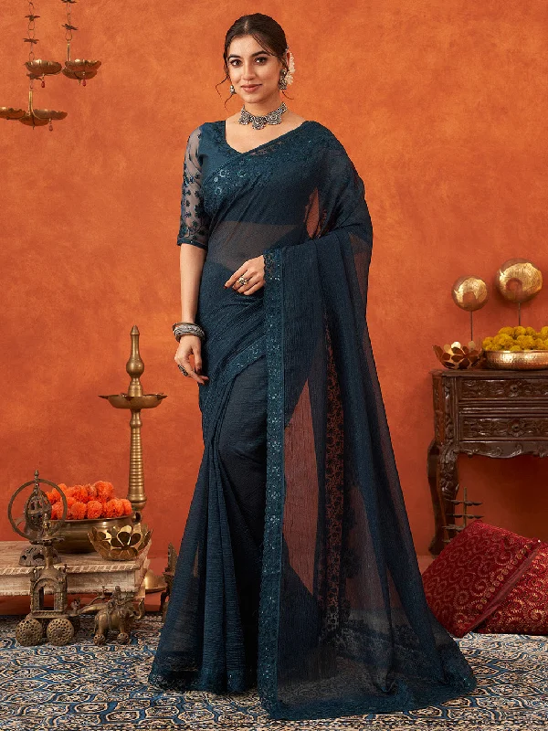 Women's Chiffon Teal blue Embellished Designer Saree With Blouse Piece Smart Business Blouse Women's Chiffon Teal blue Embellished Designer Saree With Blouse Piece Smart Business Blouse