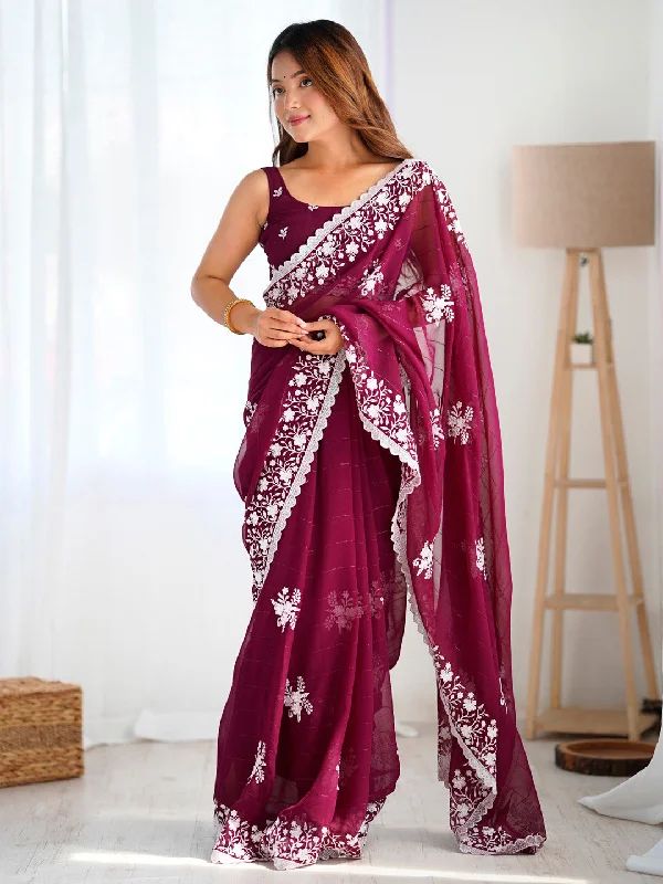 Women's Georgette Magenta Embellished Designer Saree With Blouse Piece Elegant Semi-Sheer Blouse Women's Georgette Magenta Embellished Designer Saree With Blouse Piece Elegant Semi-Sheer Blouse