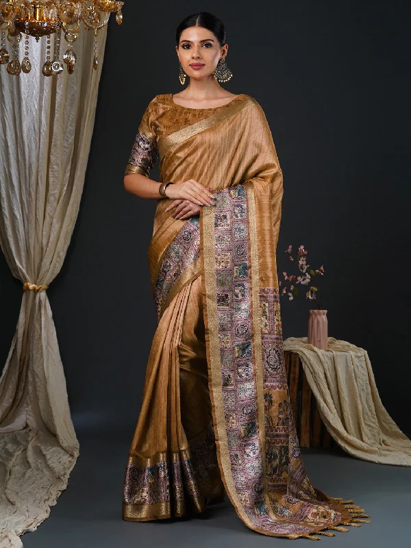 Women's Mysore Silk Camel Brown Printed Designer Saree With Blouse Piece Airy Cotton Blouse Women's Mysore Silk Camel Brown Printed Designer Saree With Blouse Piece Airy Cotton Blouse