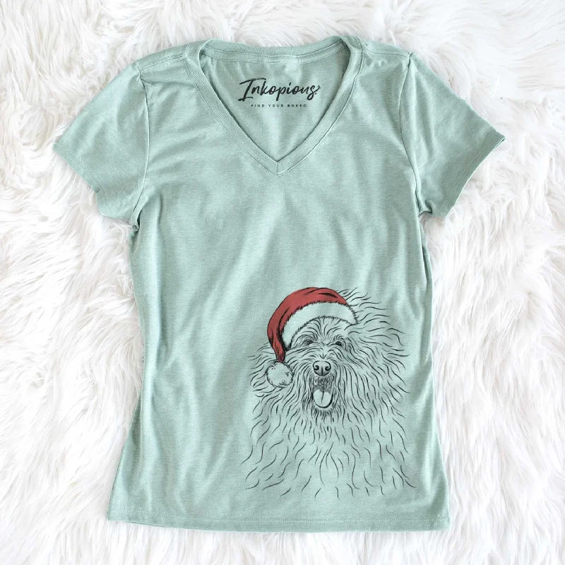 Santa Cozie the Old English Sheepdog - Women's V-neck Shirt-- Knit Fabric Woven Fabric Fleece Fabric Santa Cozie the Old English Sheepdog - Women's V-neck Shirt-- Knit Fabric Woven Fabric Fleece Fabric