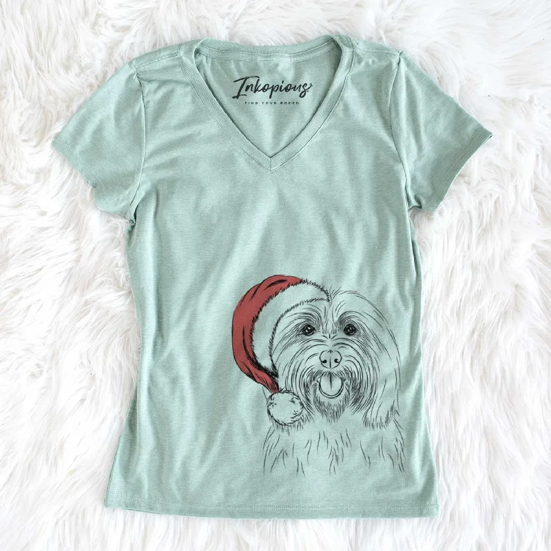 Santa Claude the Coton de Tulear - Women's V-neck Shirt-- Solid Print Embellished