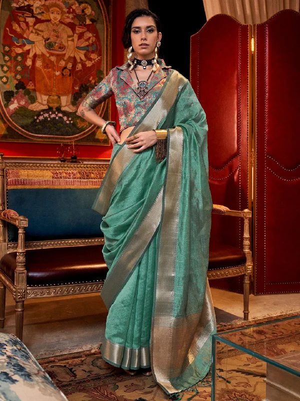 Women's Chiffon Turquoise Woven Design Designer Saree With Blouse Piece Soft Satin Blouse Women's Chiffon Turquoise Woven Design Designer Saree With Blouse Piece Soft Satin Blouse