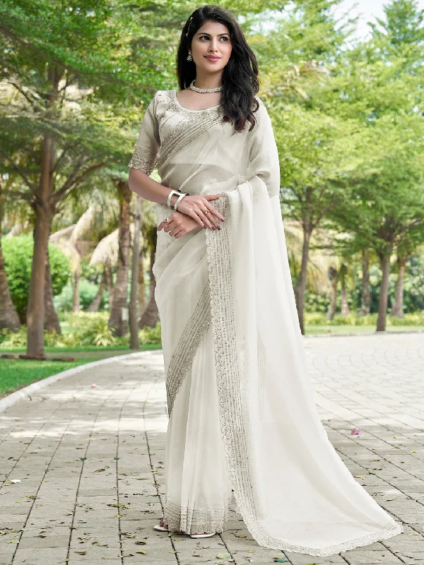 Women's Organza Off White Embellished Designer Saree With Blouse Piece Chic Square Blouse Women's Organza Off White Embellished Designer Saree With Blouse Piece Chic Square Blouse
