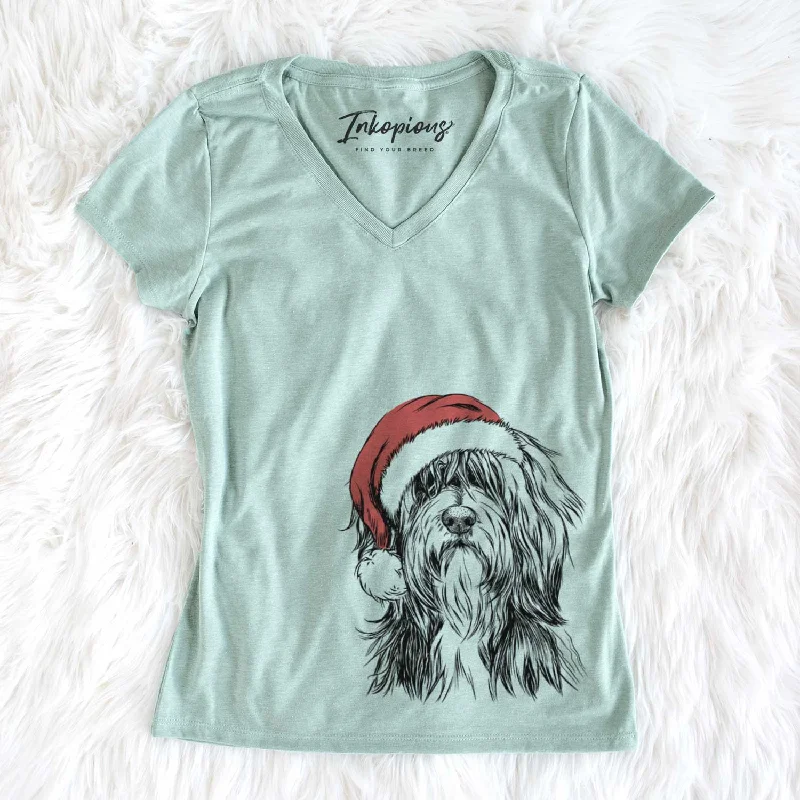 Santa Fiji the Polish Lowland Sheepdog - Women's V-neck Shirt-- Spandex Blend Rayon Blend Denim Blend Santa Fiji the Polish Lowland Sheepdog - Women's V-neck Shirt-- Spandex Blend Rayon Blend Denim Blend