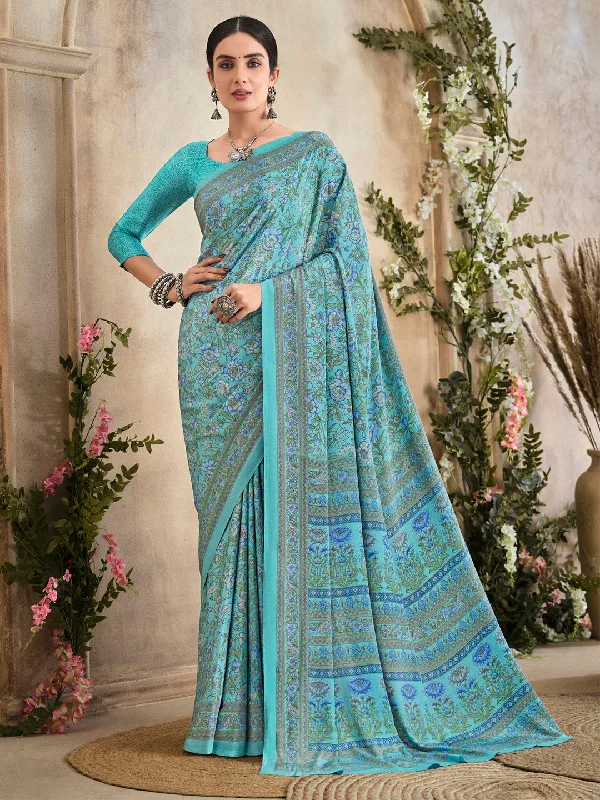 Women's Crepe Light Blue Printed Designer Saree With Blouse Piece Airy Cotton Blouse Women's Crepe Light Blue Printed Designer Saree With Blouse Piece Airy Cotton Blouse