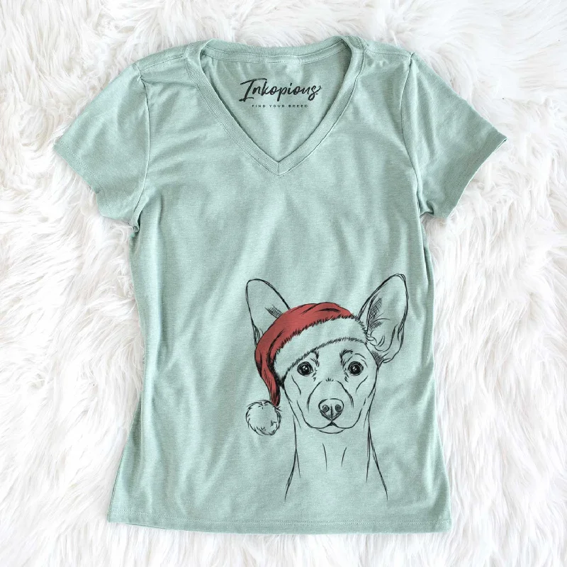 Santa Chillie the Mini Pinscher - Women's V-neck Shirt-- Polka Dot Checkered Tartan