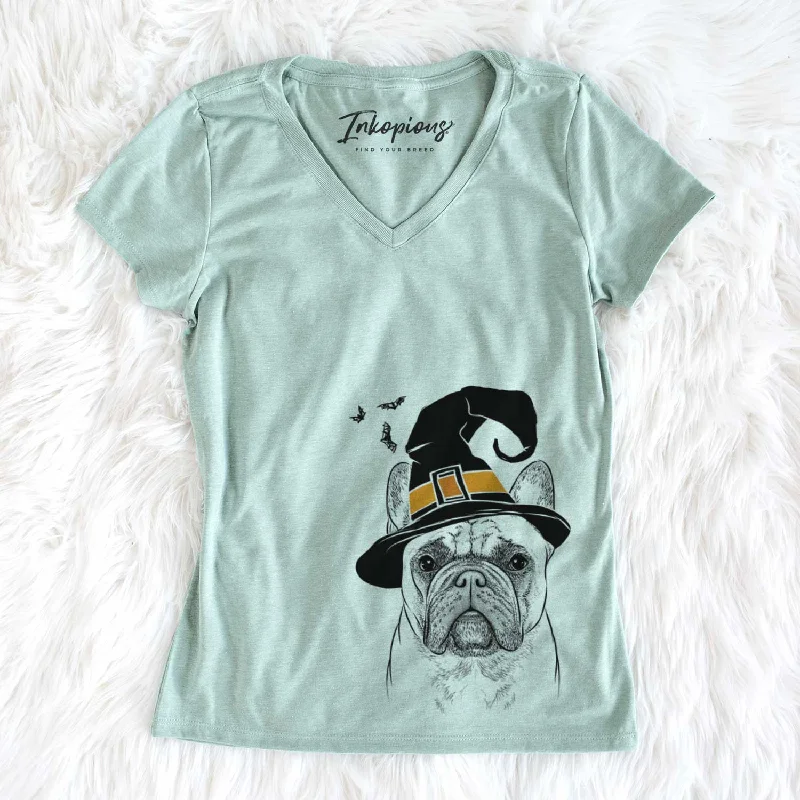 Witch Acelynn the French Bulldog - Women's V-neck Shirt-- Hooded Caped Shawl Collar