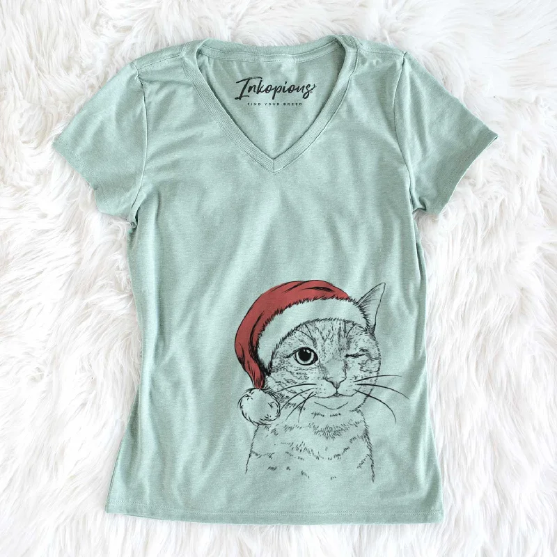 Santa Dexter the Domestic Shorthair - Women's V-neck Shirt-- Beaded Sequined Faux Fur Santa Dexter the Domestic Shorthair - Women's V-neck Shirt-- Beaded Sequined Faux Fur