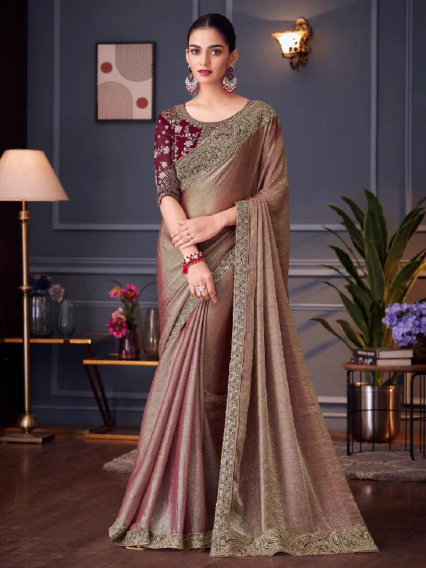 Women's Pure Chiffon Burgundy Embellished Designer Saree With Blouse Piece Satin Long Blouse
