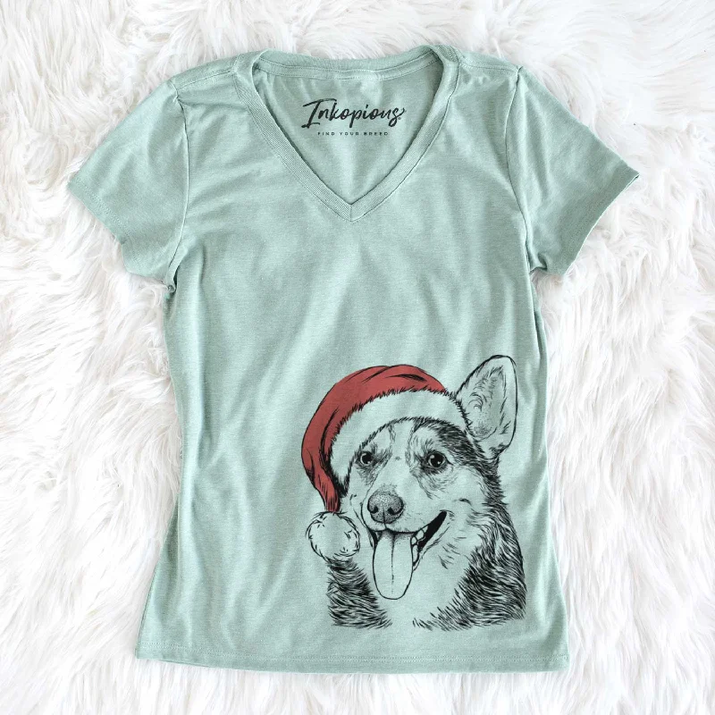 Santa Darma the Corgi - Women's V-neck Shirt-- Terry Blend Velvet Blend Canvas Blend Santa Darma the Corgi - Women's V-neck Shirt-- Terry Blend Velvet Blend Canvas Blend