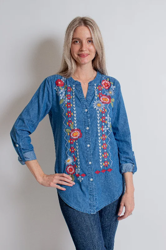 Medium Blue Denim Floral Blouse Drape Neck Blouse