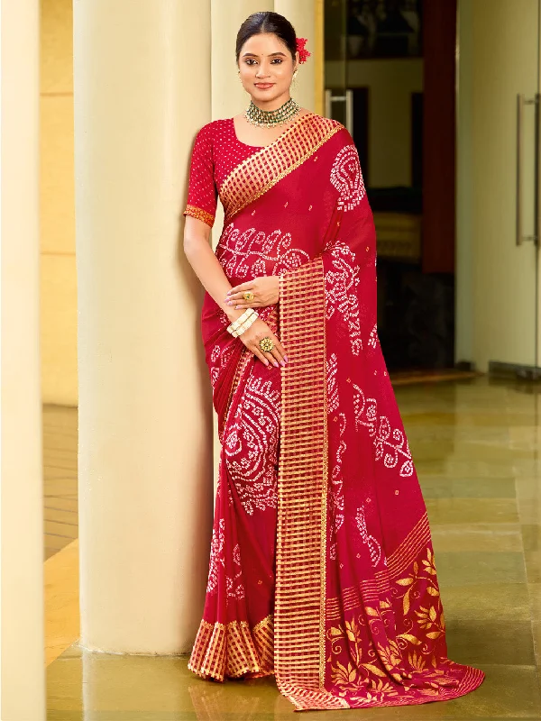 Women's Georgette Red Printed Designer Saree With Blouse Piece Office-Ready Blouse