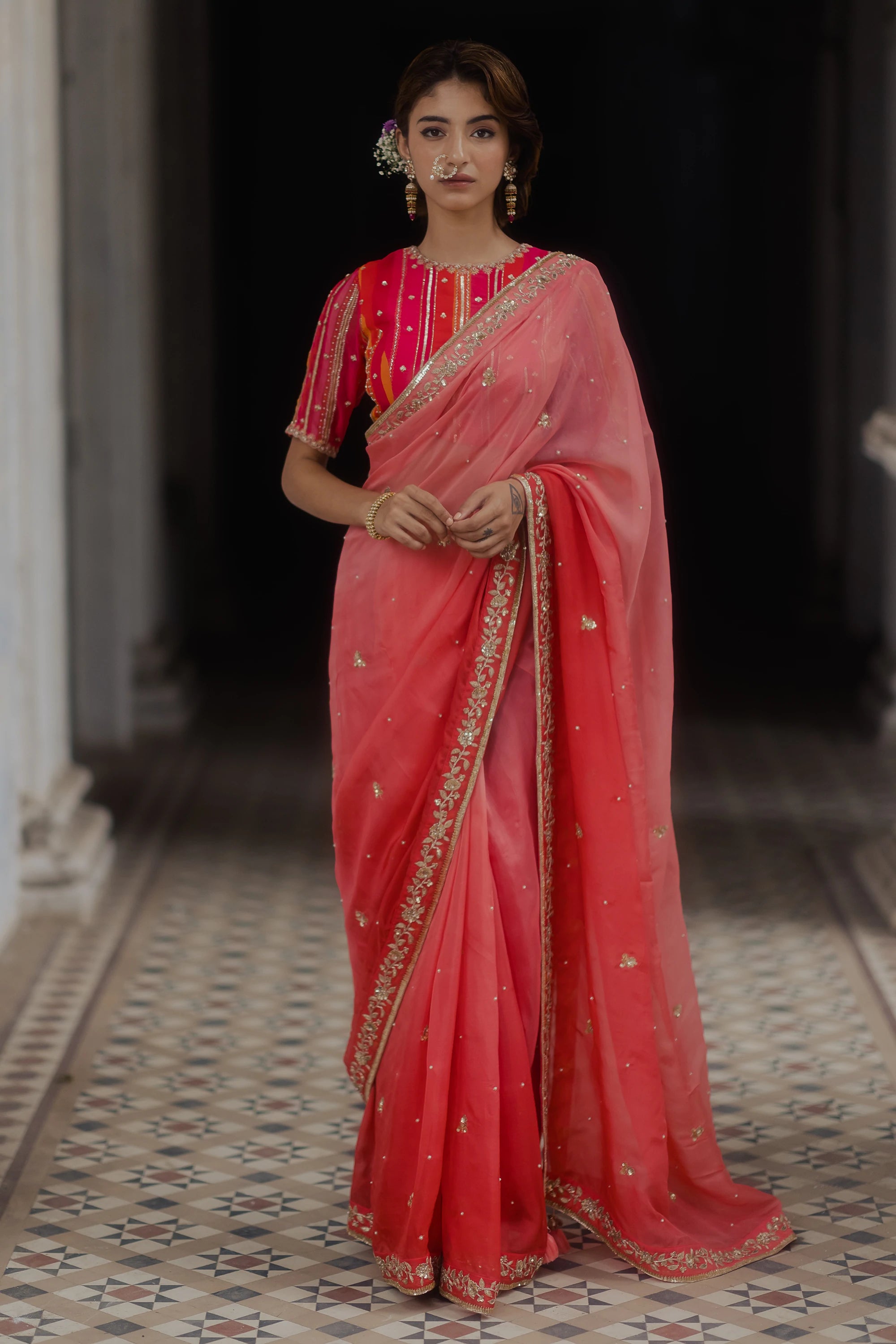 Pink Ombre Striped Blouse Saree Soft Modal Blouse