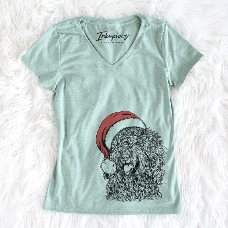 Santa Babs the Barbet - Women's V-neck Shirt-- Spandex Blend Rayon Blend Denim Blend Santa Babs the Barbet - Women's V-neck Shirt-- Spandex Blend Rayon Blend Denim Blend