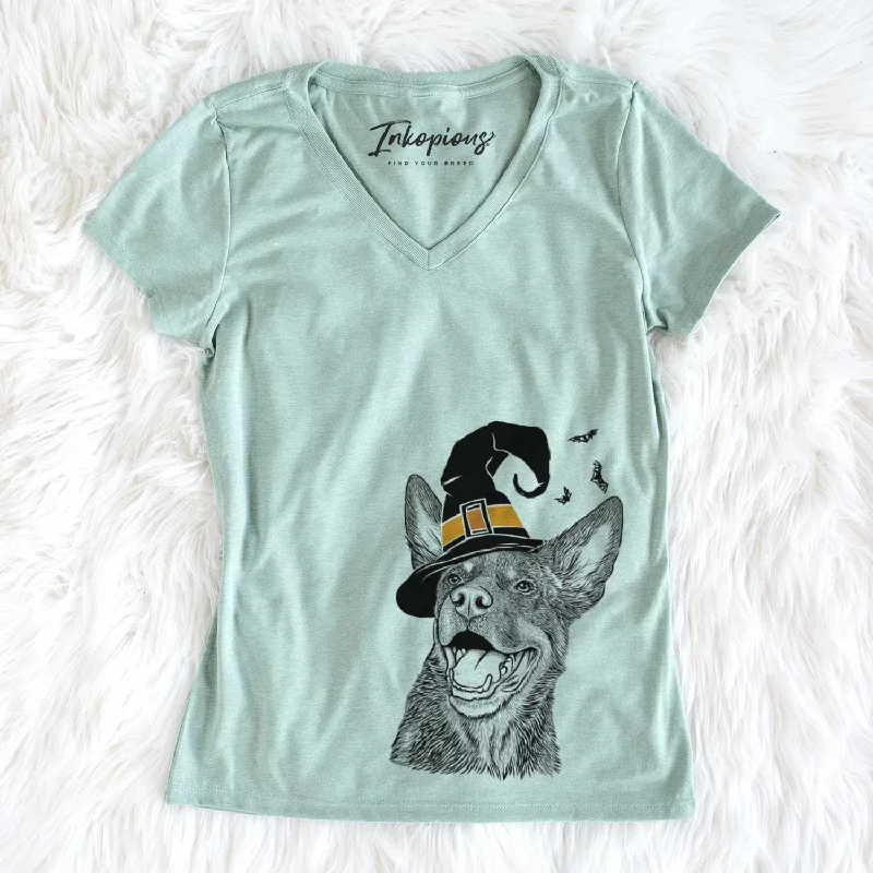 Witch Tucker the Australian Kelpie - Women's V-neck Shirt-- Polka Dot Checkered Tartan Witch Tucker the Australian Kelpie - Women's V-neck Shirt-- Polka Dot Checkered Tartan