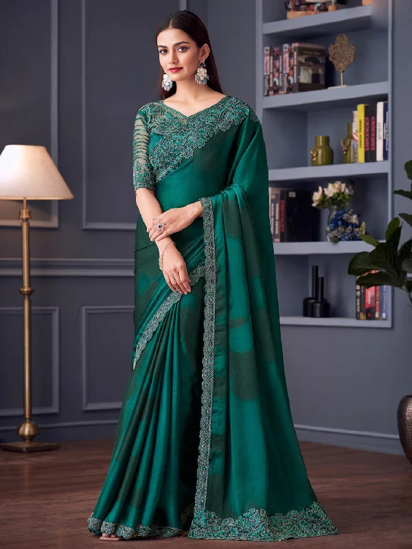 Women's Satin Silk Teal blue Embellished Designer Saree With Blouse Piece Boho Printed Blouse Women's Satin Silk Teal blue Embellished Designer Saree With Blouse Piece Boho Printed Blouse
