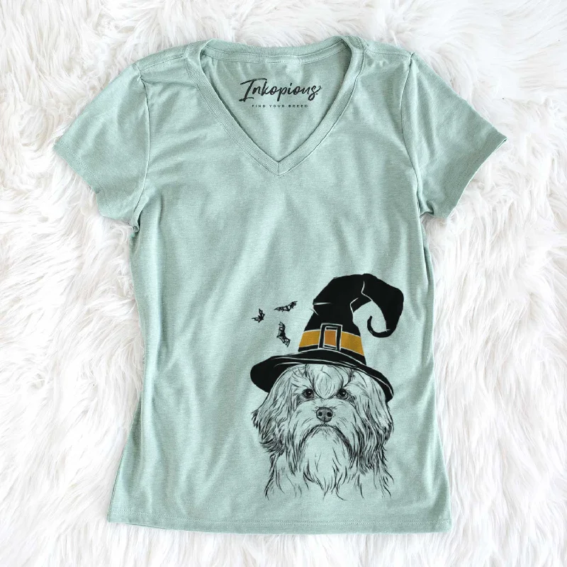 Witch Tootsie the Lowchen - Women's V-neck Shirt-- Spandex Blend Rayon Blend Denim Blend Witch Tootsie the Lowchen - Women's V-neck Shirt-- Spandex Blend Rayon Blend Denim Blend