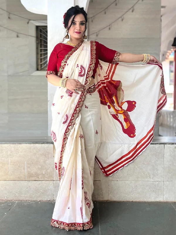 Women's Cotton Red Embellished Designer Saree With Blouse Piece Collared Satin Blouse Women's Cotton Red Embellished Designer Saree With Blouse Piece Collared Satin Blouse