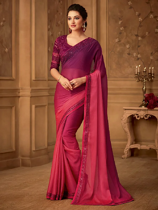 Women's Pure Chiffon Magenta Embellished Designer Saree With Blouse Piece Floral Print Blouse Women's Pure Chiffon Magenta Embellished Designer Saree With Blouse Piece Floral Print Blouse