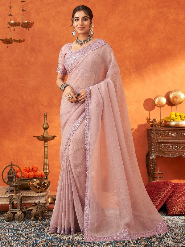 Women's Chiffon Mauve Embellished Designer Saree With Blouse Piece Balloon Sleeve Blouse Women's Chiffon Mauve Embellished Designer Saree With Blouse Piece Balloon Sleeve Blouse