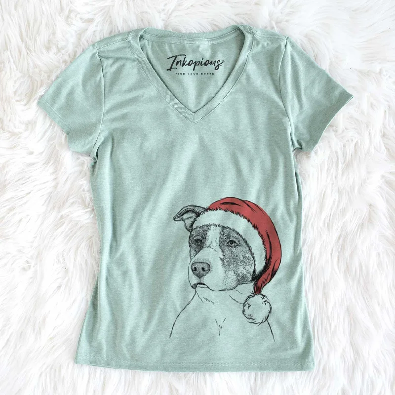 Santa Blu the Pitbull - Women's V-neck Shirt-- Notch Collar Peter Pan Collar Cowl Neck Santa Blu the Pitbull - Women's V-neck Shirt-- Notch Collar Peter Pan Collar Cowl Neck