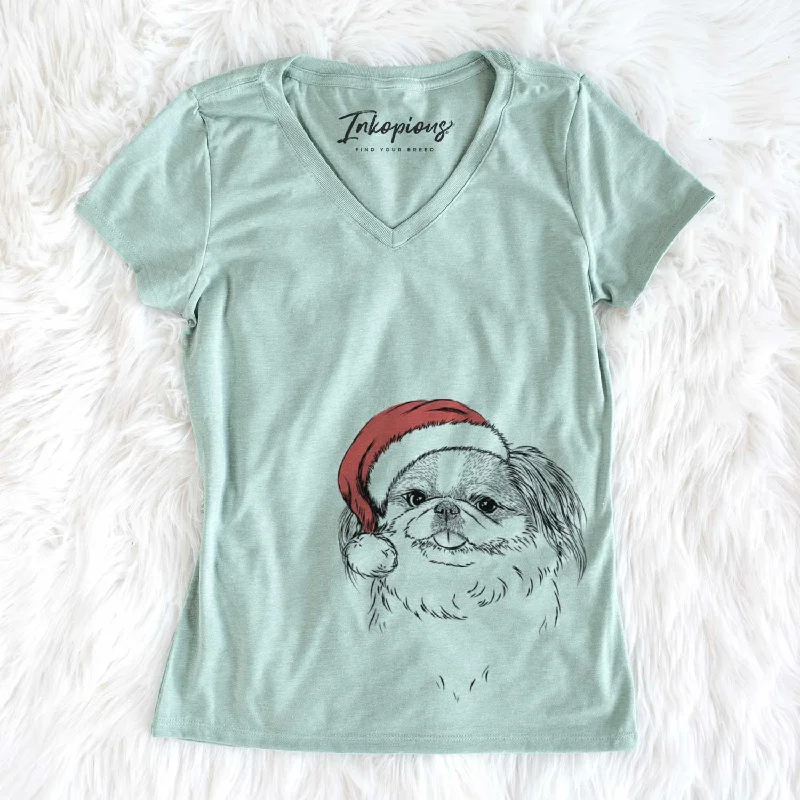 Santa Abra Bean the Pekingese - Women's V-neck Shirt-- Striped Floral Plaid