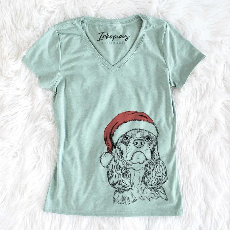 Santa Emma the Cocker Spaniel - Women's V-neck Shirt-- Welt Pockets Slit Pockets