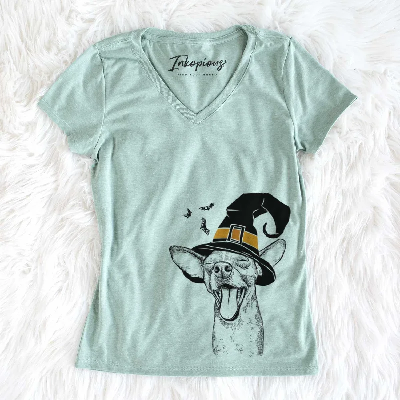 Witch SweetBailey the Chihuahua Mix - Women's V-neck Shirt-- Fleece Fabric Down Fabric Feather Fabric Witch SweetBailey the Chihuahua Mix - Women's V-neck Shirt-- Fleece Fabric Down Fabric Feather Fabric