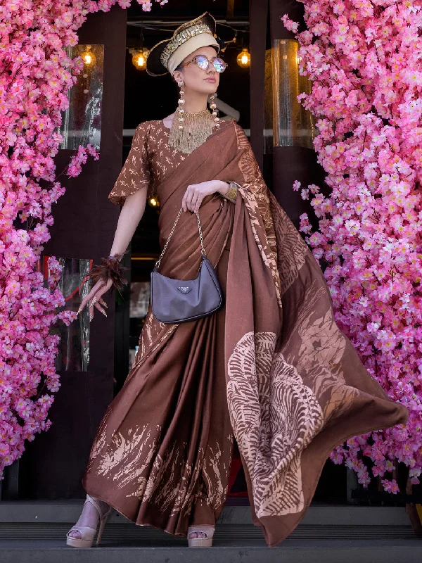 Women's Crepe Brown Printed Designer Saree With Blouse Piece Lightweight Linen Blouse Women's Crepe Brown Printed Designer Saree With Blouse Piece Lightweight Linen Blouse