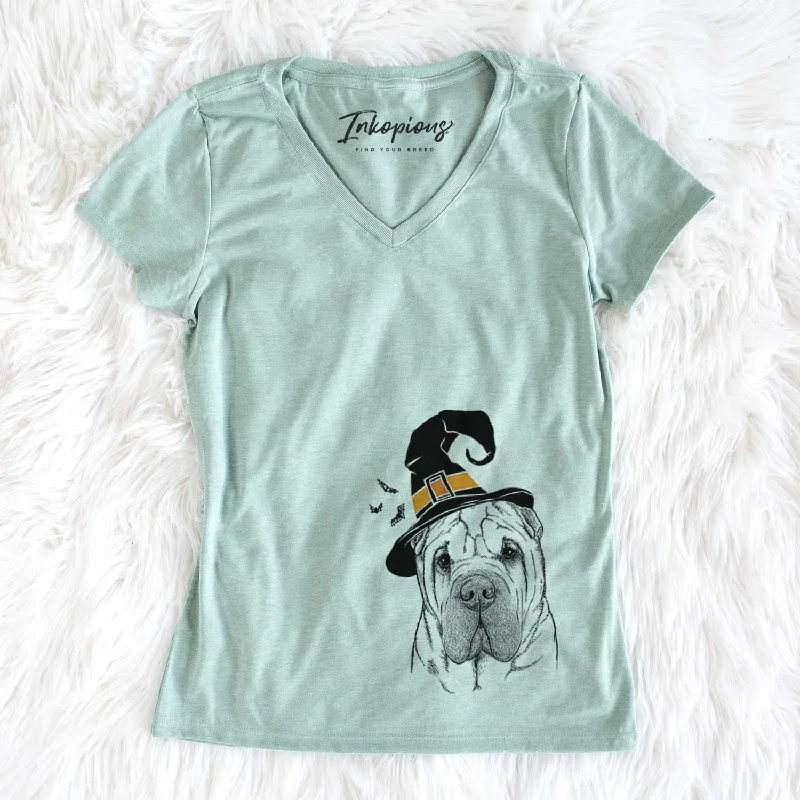 Witch Lilly the Shar Pei - Women's V-neck Shirt-- Wool Fabric Cashmere Fabric Tweed Fabric Witch Lilly the Shar Pei - Women's V-neck Shirt-- Wool Fabric Cashmere Fabric Tweed Fabric