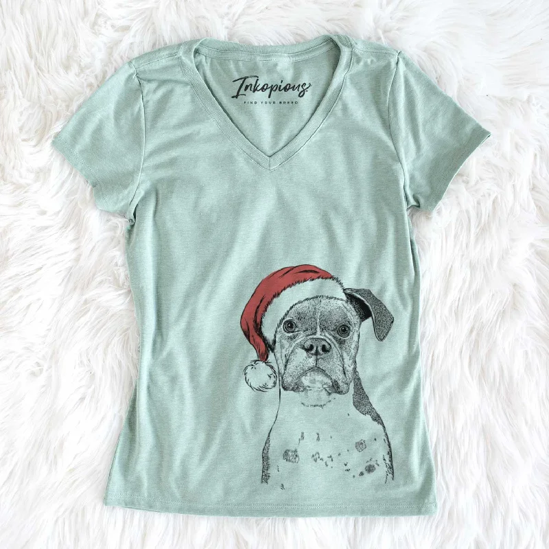 Santa Daisy the Boxer - Women's V-neck Shirt-- Hooded Caped Shawl Collar