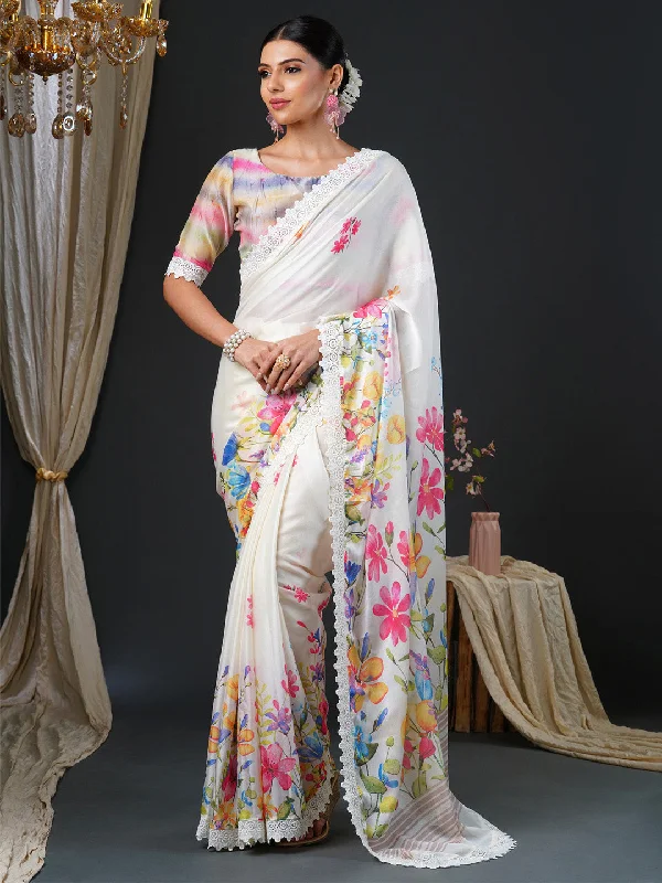 Women's Georgette Multicolored Digital Print Designer Saree With Blouse Piece Pleated Collar Blouse