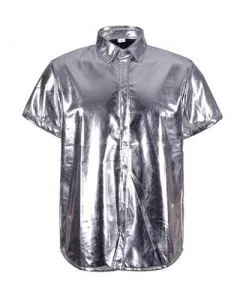 Metallic Silver Short Sleeved Shirt-- Mesh Fabric Canvas Fabric Denim Fabric