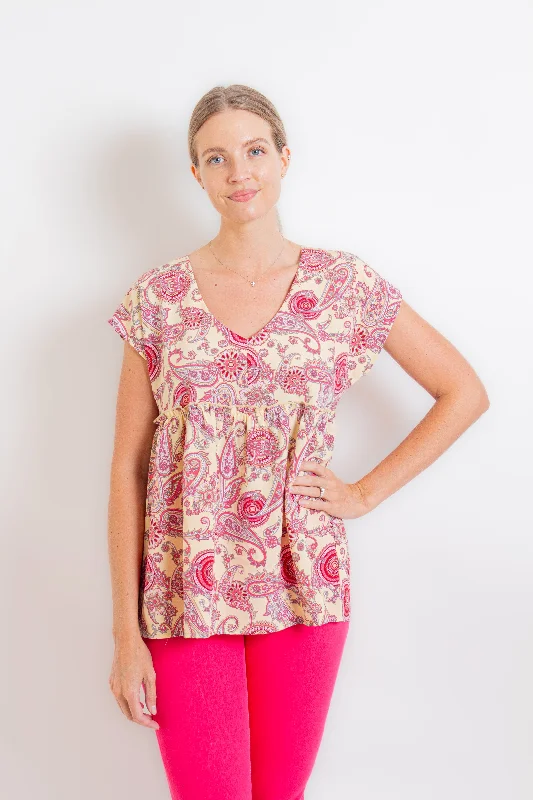 Pink & Cream Paisley Blouse Elegant Silk Blouse
