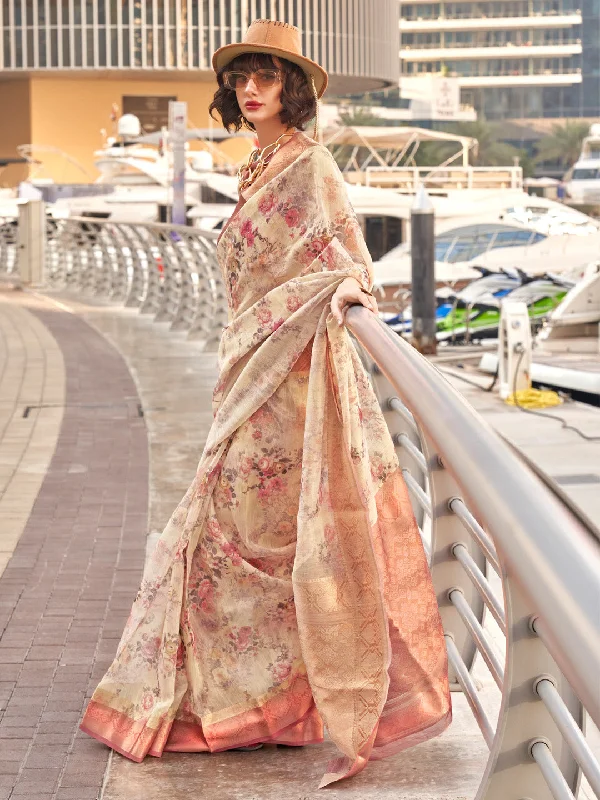 Women's Tissue Brown Woven Design Designer Saree With Blouse Piece Chic Wrap Blouse