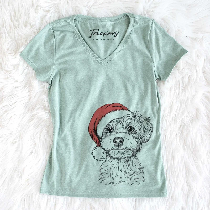 Santa Elliott the Yorkiepoo - Women's V-neck Shirt-- Graphic T-Shirt Round Neck Polyester Santa Elliott the Yorkiepoo - Women's V-neck Shirt-- Graphic T-Shirt Round Neck Polyester