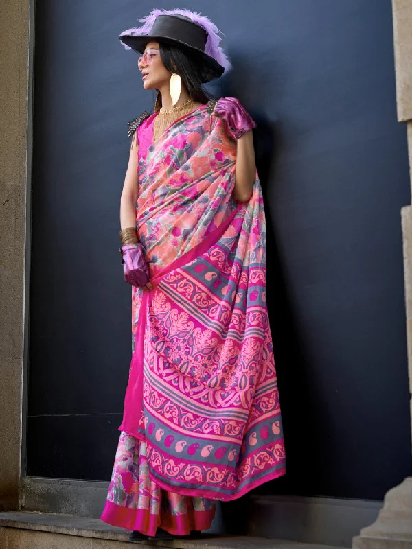 Women's Crepe Pink Printed Designer Saree With Blouse Piece Slim Fit Blouse