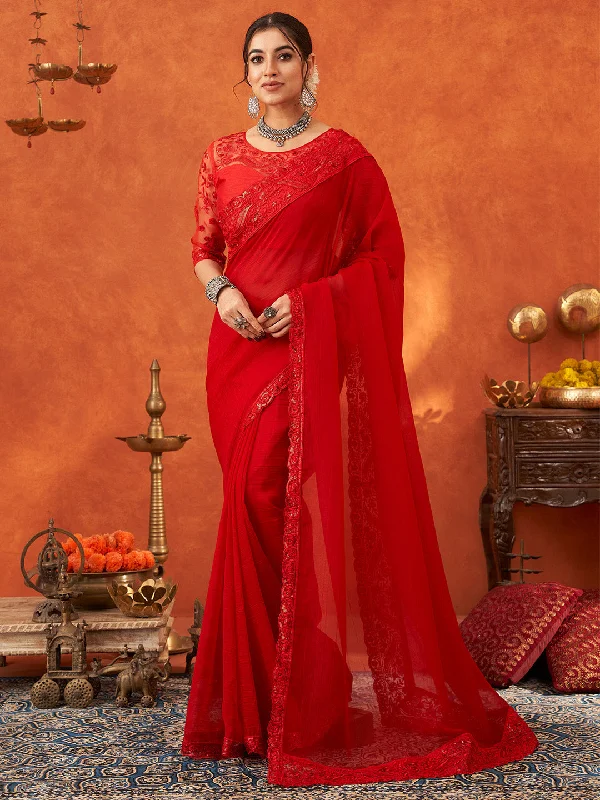 Women's Chiffon Red Embellished Designer Saree With Blouse Piece Satin Drape Blouse