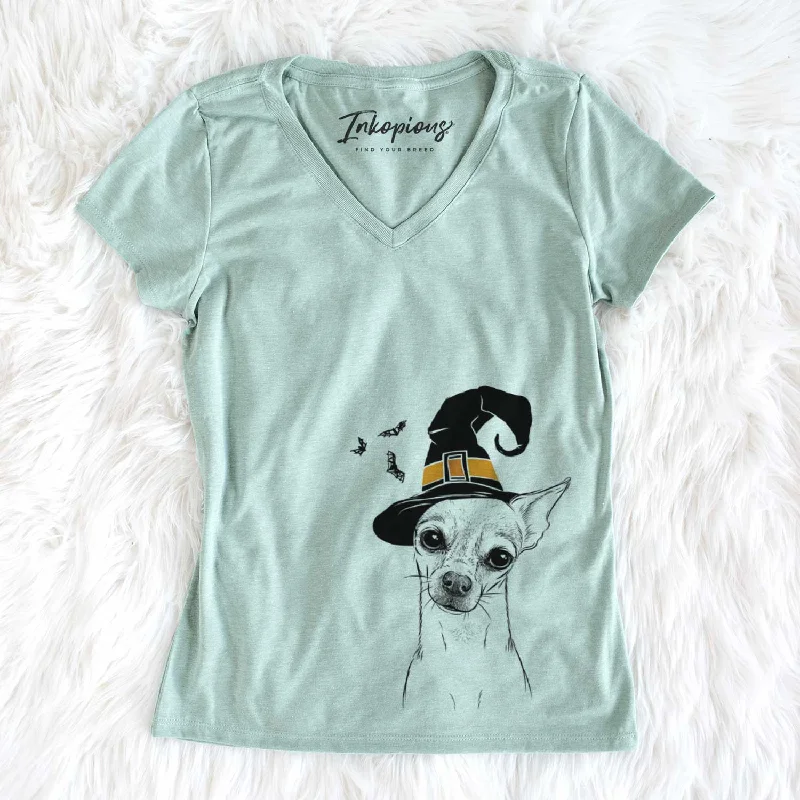 Witch Emee the Chihuahua - Women's V-neck Shirt-- Cotton Fabric Linen Fabric Terry Fabric Witch Emee the Chihuahua - Women's V-neck Shirt-- Cotton Fabric Linen Fabric Terry Fabric