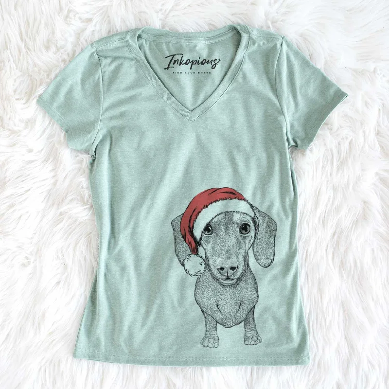 Santa Ernie the Mini Dachshund - Women's V-neck Shirt-- Notch Collar Peter Pan Collar Cowl Neck Santa Ernie the Mini Dachshund - Women's V-neck Shirt-- Notch Collar Peter Pan Collar Cowl Neck
